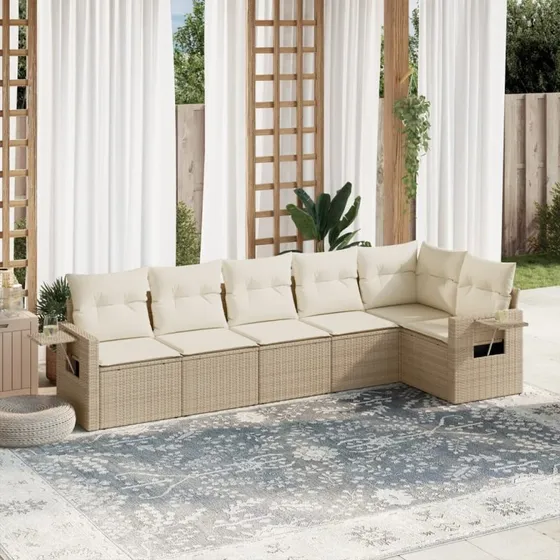 Havesofasæt 6 dele i beige polyrattan inkl. hynder