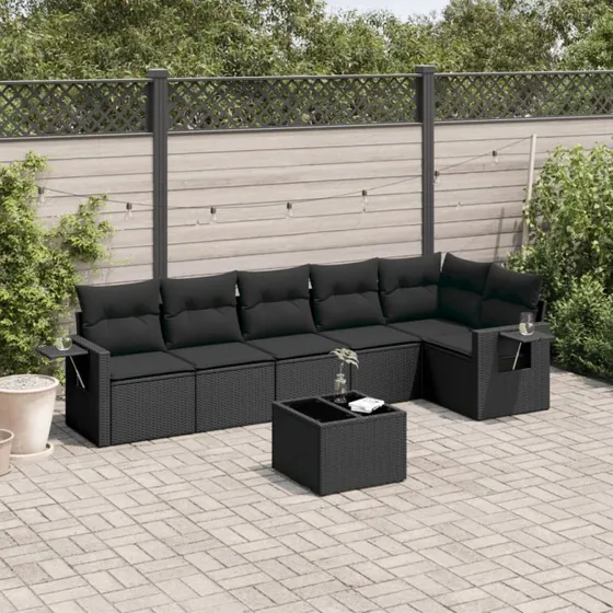 Havesofa sæt 7 dele i sort polyrattan med hynder