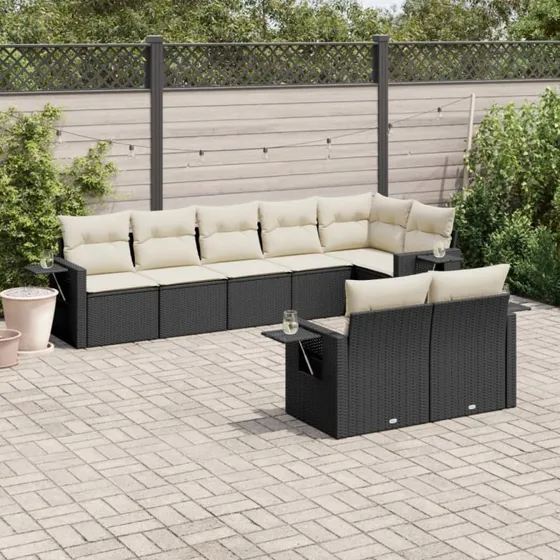 Havesofasæt i polyrattan 8 dele med hynder - sort