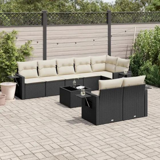 Sofasæt til haven 9 dele i sort polyrattan med hynder
