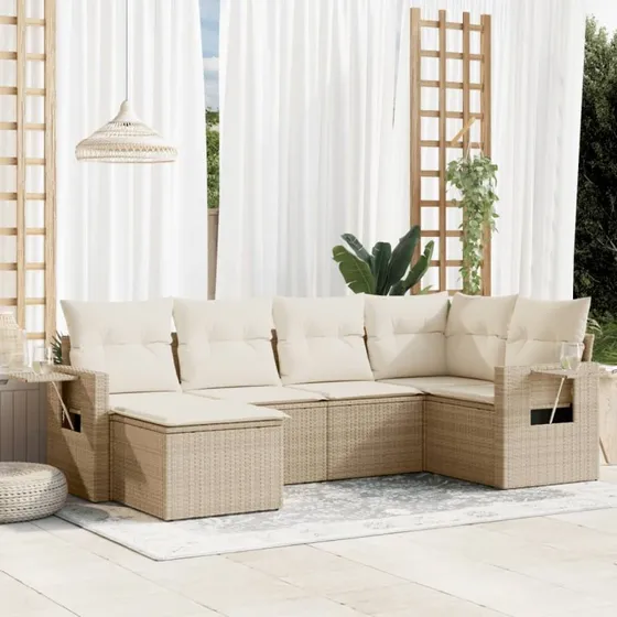 Havesofasæt 6 dele i polyrattan beige med hynder
