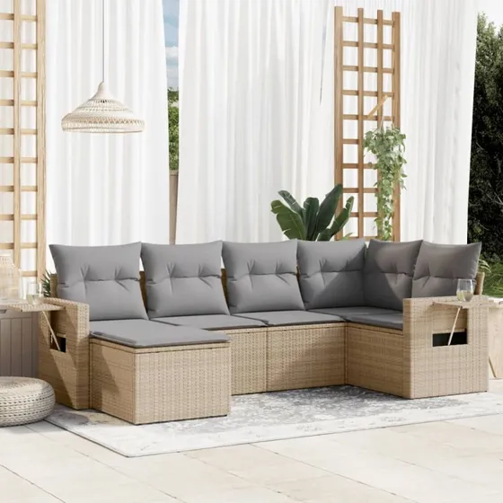 Havesofasæt 6 dele i polyrattan med hynder – beige