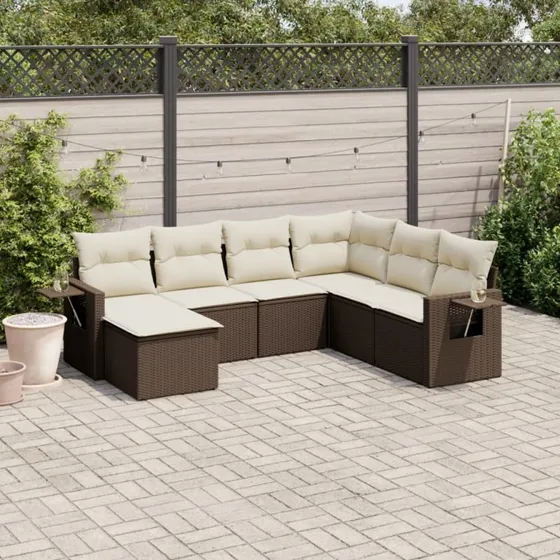 Sofasæt til haven 7 dele i brun polyrattan med hynder
