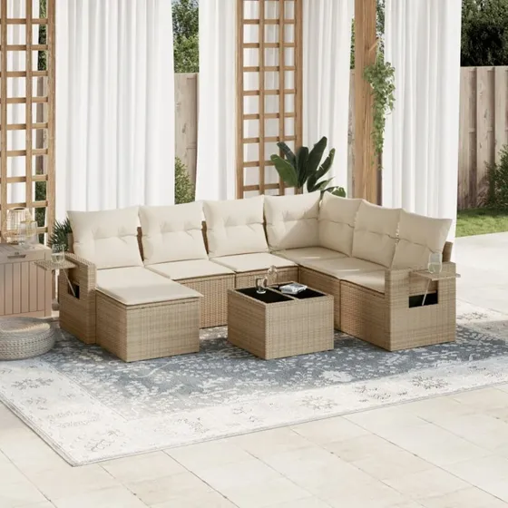 Havemøbelsæt 8 dele i polyrattan med hynder, beige