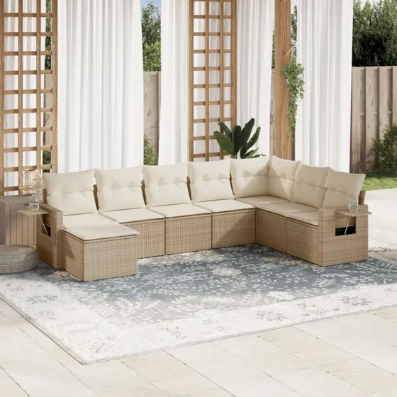 Havesofasæt 8 dele i polyrattan beige med hynder