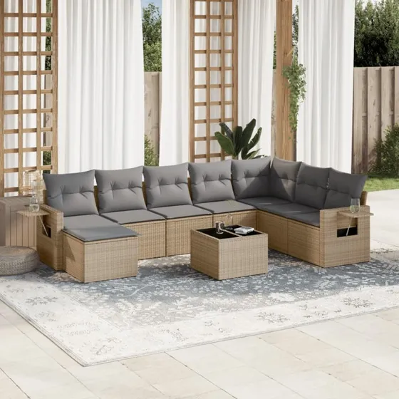Sofasæt til haven 9 dele i beige polyrattan med hynder