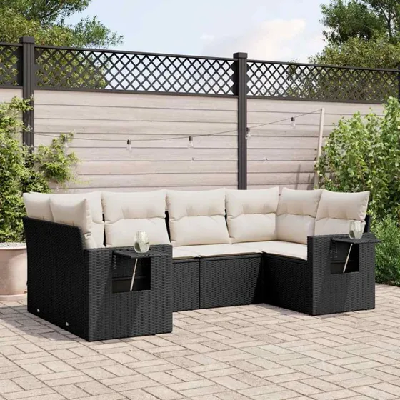 Havesofasæt 6 dele i sort polyrattan med hynder