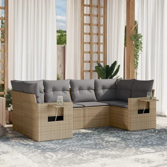 Havesofasæt 6 dele polyrattan beige med hynder