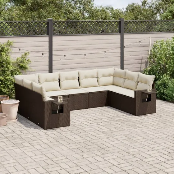Sofasæt til haven 9 dele i polyrattan – brun
