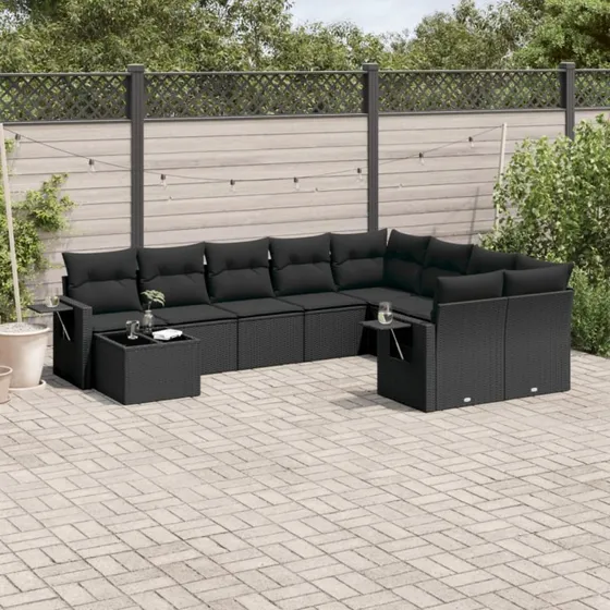 Havesofasæt 10 dele i polyrattan med hynder – sort