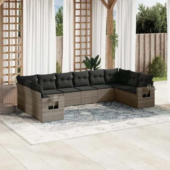 Sofasæt til haven 10 dele i grå polyrattan med hynder