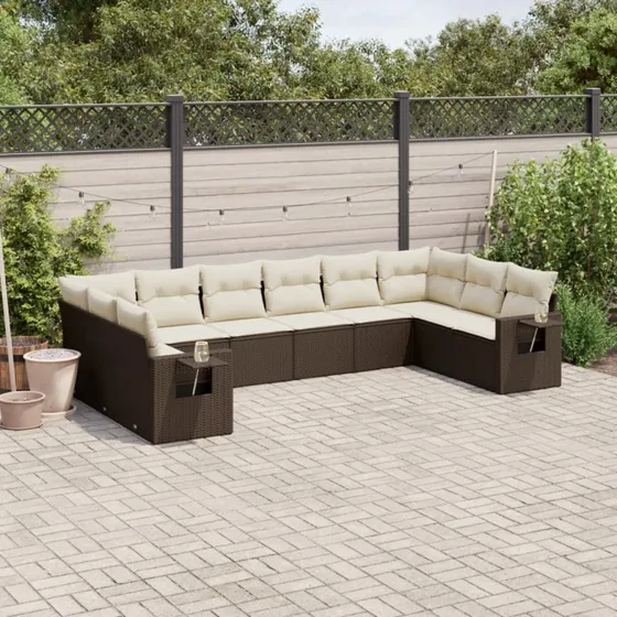 Havesofasæt 10 dele i polyrattan med hynder, brun