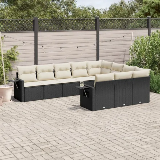 10-delers loungesæt i sort polyrattan med hynder