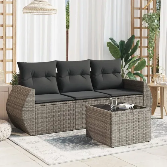 Havesofasæt 4 dele i grå polyrattan med hynder