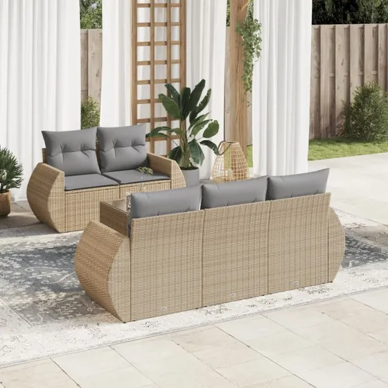 Havesofasæt 6 dele i polyrattan - beige med hynder