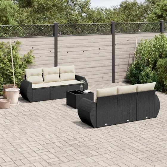 Havesofasæt 7 dele i sort polyrattan m. hynder