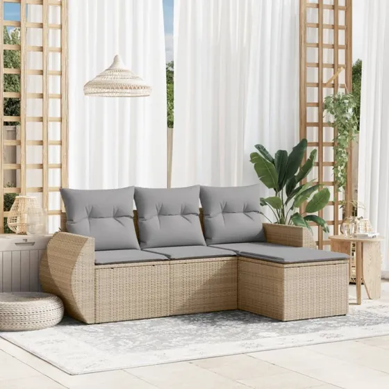 Havesæt 4 dele i polyrattan med hynder - Beige