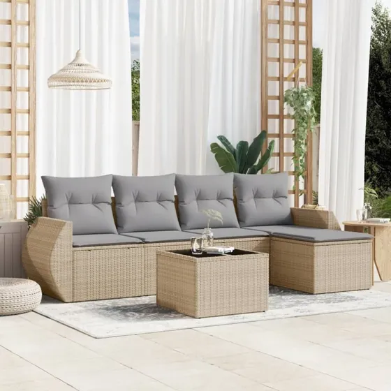 Havesofasæt i polyrattan 6 dele med hynder - beige