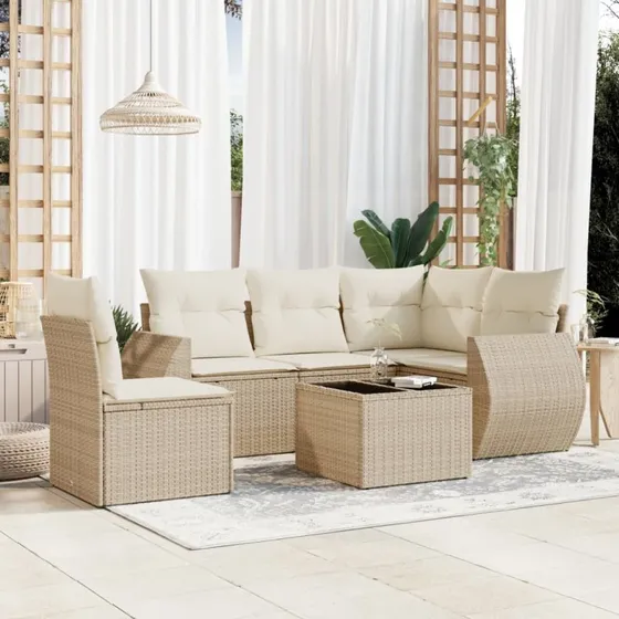 Havesofasæt 6 dele i polyrattan beige med hynder