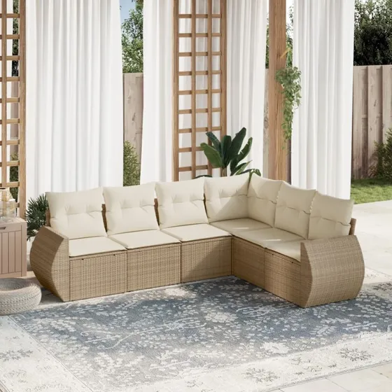 Havesofasæt i polyrattan 6 dele med hynder - beige
