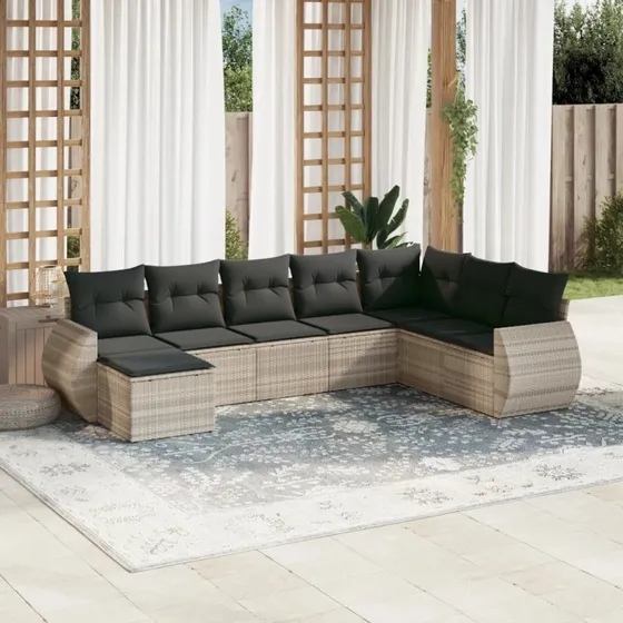 Havesofasæt 8 dele i lysegrå polyrattan med hynder