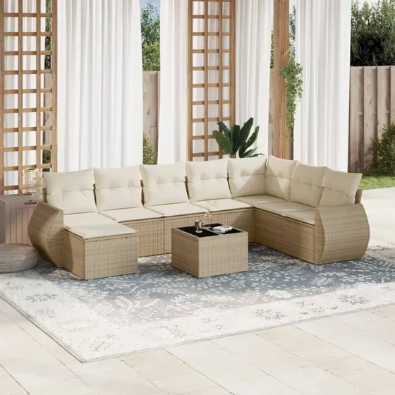 Sofasæt i polyrattan til haven, 9 dele - beige