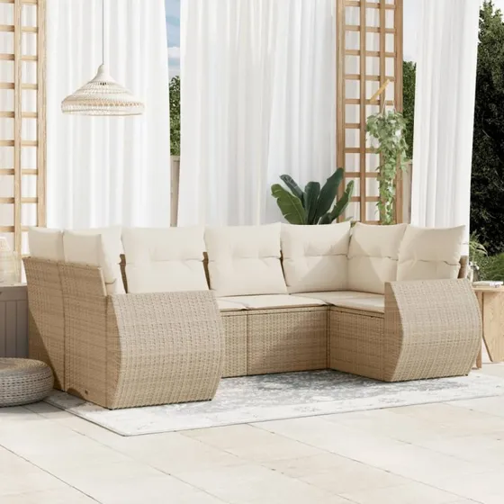 Havesofasæt i polyrattan 6 dele med hynder – Beige