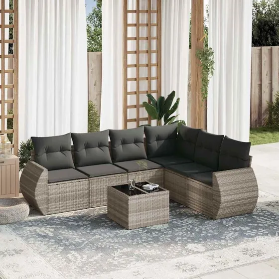 Havesofasæt 7 dele i polyrattan lysegrå med hynder
