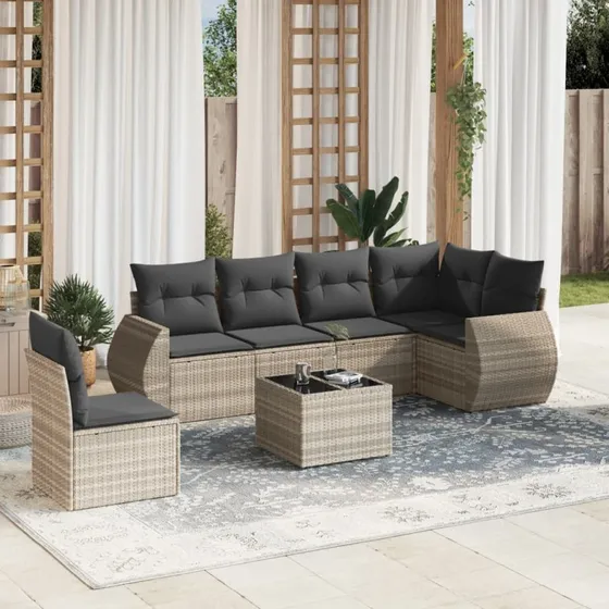 Havesofasæt 7 dele i polyrattan med hynder - lysegrå