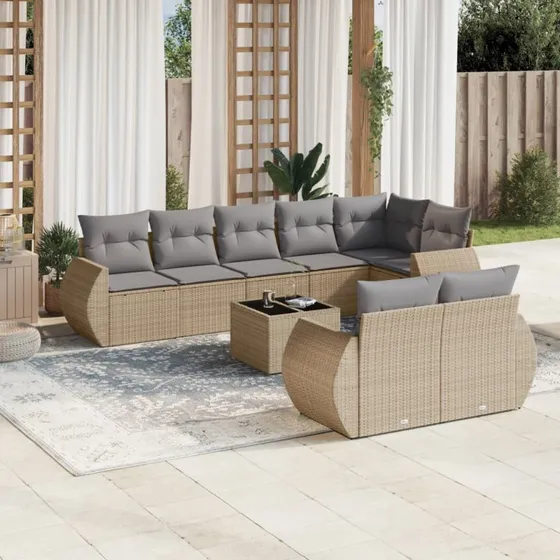 Havesæt 9 dele i polyrattan med hynder – beige