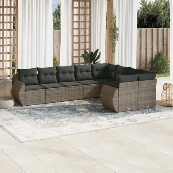 Havesofasæt 9 dele i grå polyrattan med hynder