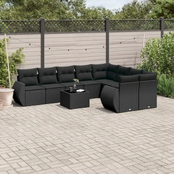 Havesofasæt 10 dele i polyrattan sort med hynder