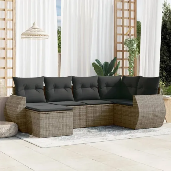 Havesofasæt 6 dele i grå polyrattan med hynder