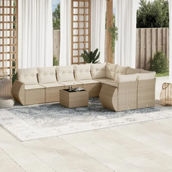 Havesofasæt 10 dele i polyrattan med hynder - Beige