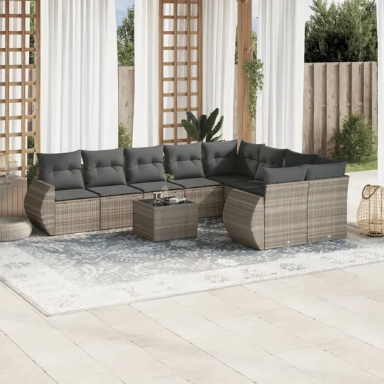 Havesofasæt 10 dele i polyrattan - lysegrå med hynder
