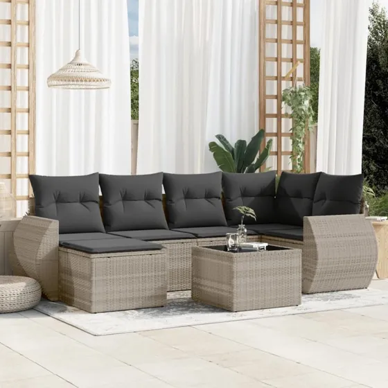 Havesofasæt 7 dele i polyrattan lysegrå med hynder