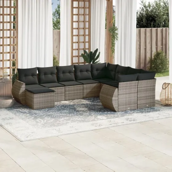 Havesofasæt 10 dele i grå polyrattan med hynder