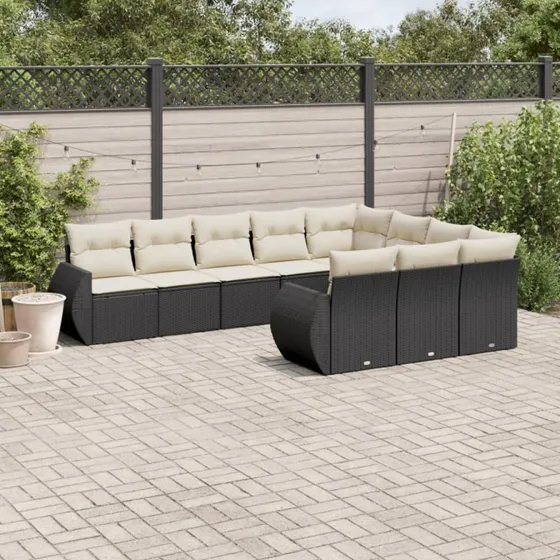 Havesofasæt 10 dele i polyrattan - sort med hynder