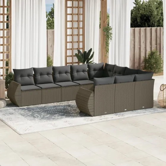Havesofasæt 10 dele i polyrattan med hynder - lysegrå