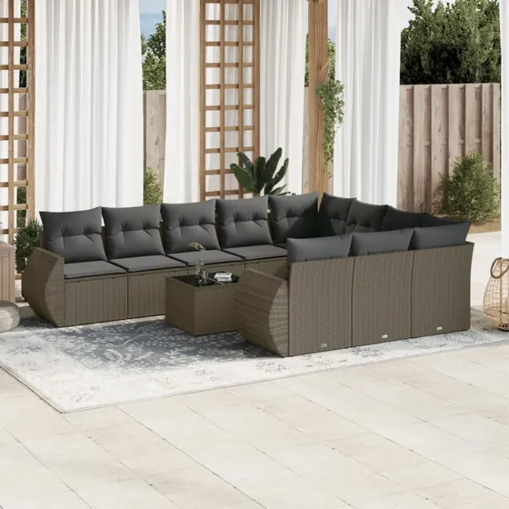Loungesæt i polyrattan 11 dele med hynder, grå