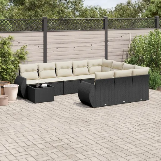Havesofasæt 11 dele i sort polyrattan inkl. hynder