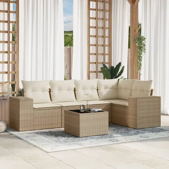 Havesæt 6 dele i polyrattan med hynder - Beige