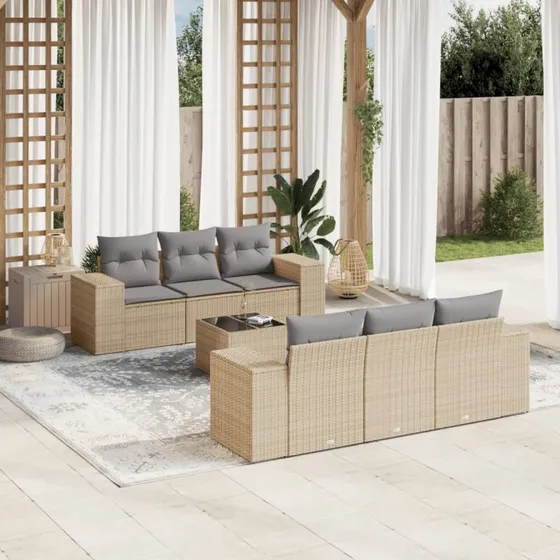 Havesofasæt 7 dele i polyrattan – beige med hynder