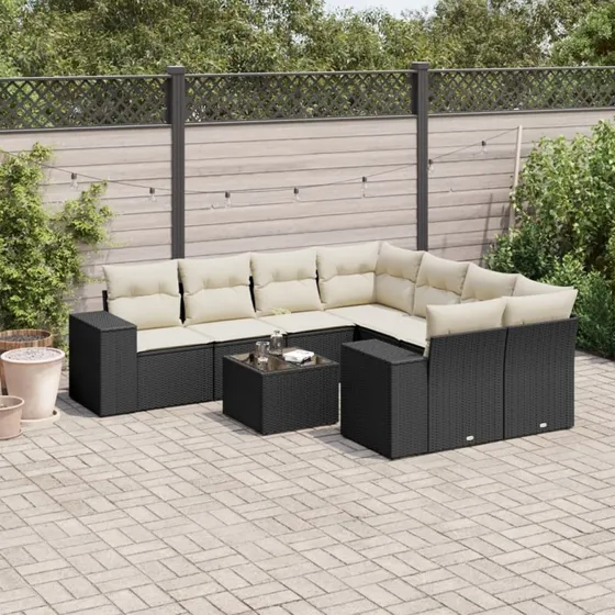 Sofasæt til haven 9 dele i sort polyrattan inkl. hynder