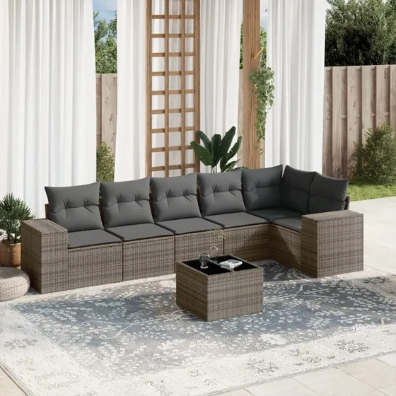 Havesofa 7 dele i polyrattan med hynder, grå