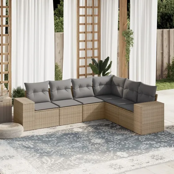Havesofasæt 6 dele i beige polyrattan inkl. hynder