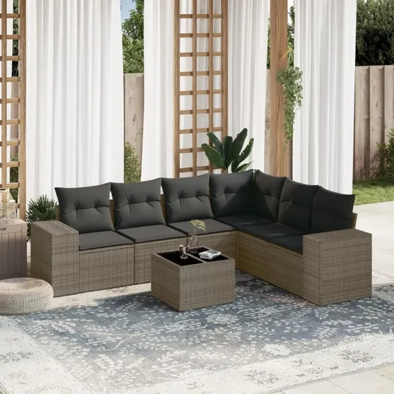 Havesofa sæt 7 dele i polyrattan med hynder - grå