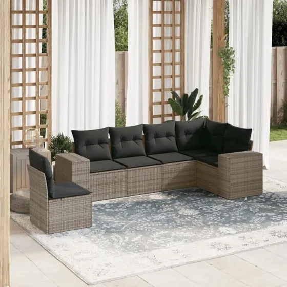 Havesofasæt i polyrattan 6 dele med hynder, grå