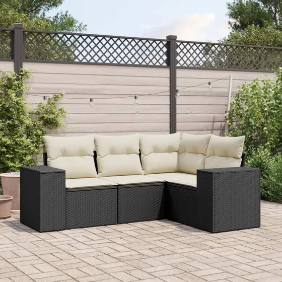 Havesofasæt 4-dele i sort polyrattan inkl. hynder