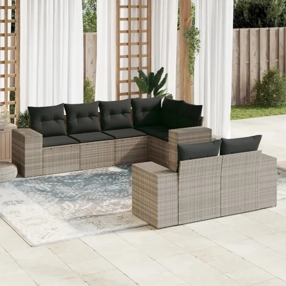 Havesofasæt 7 dele i polyrattan lysegrå med hynder